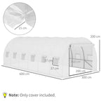 White greenhouse cover shown with size labels and side panel frame detailing