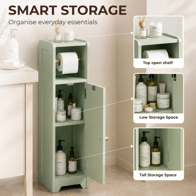 Light green bathroom cabinet with top toilet roll holder and open multi-level storage shelves