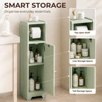 Light green bathroom cabinet with top toilet roll holder and open multi-level storage shelves