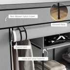 Close-up of dark grey fabric wardrobe with non-woven cover, zip door, and hook fastener