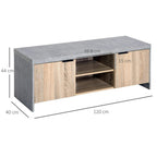 Grey TV stand with two side doors, central open shelves, concrete-look flat top