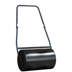 Black garden lawn roller with push handle and round steel drum