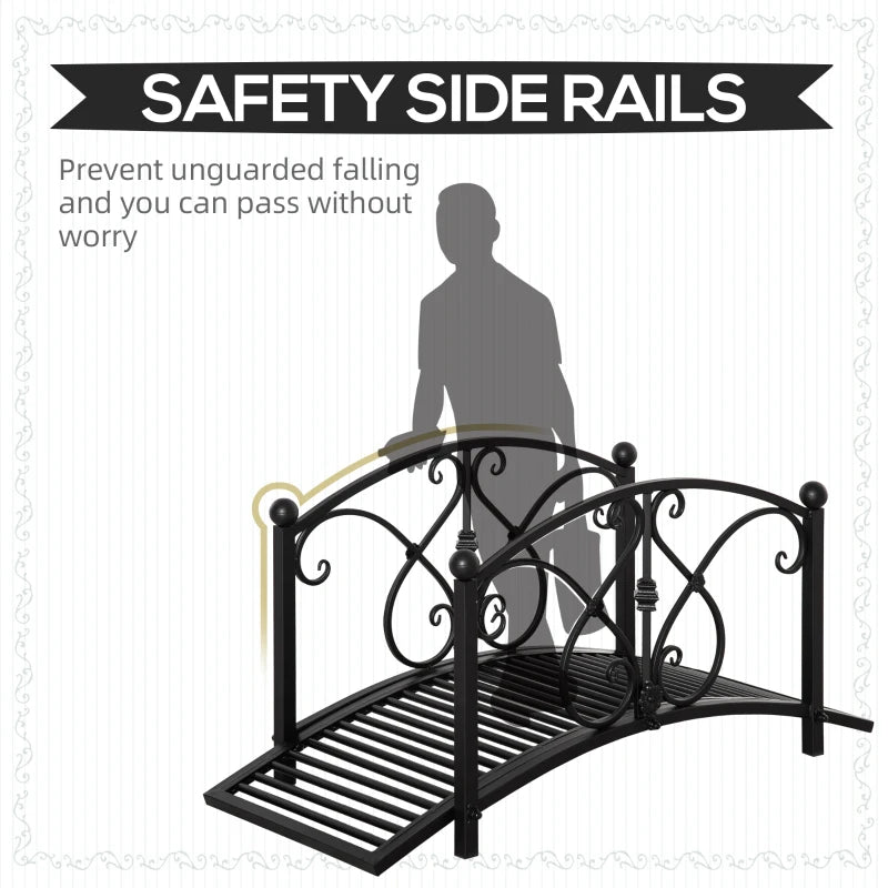 Black metal arched bridge with side safety rails and decorative scrollwork