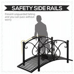 Black metal arched bridge with side safety rails and decorative scrollwork