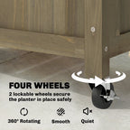 Corner of raised wooden planter showing four lockable caster wheels