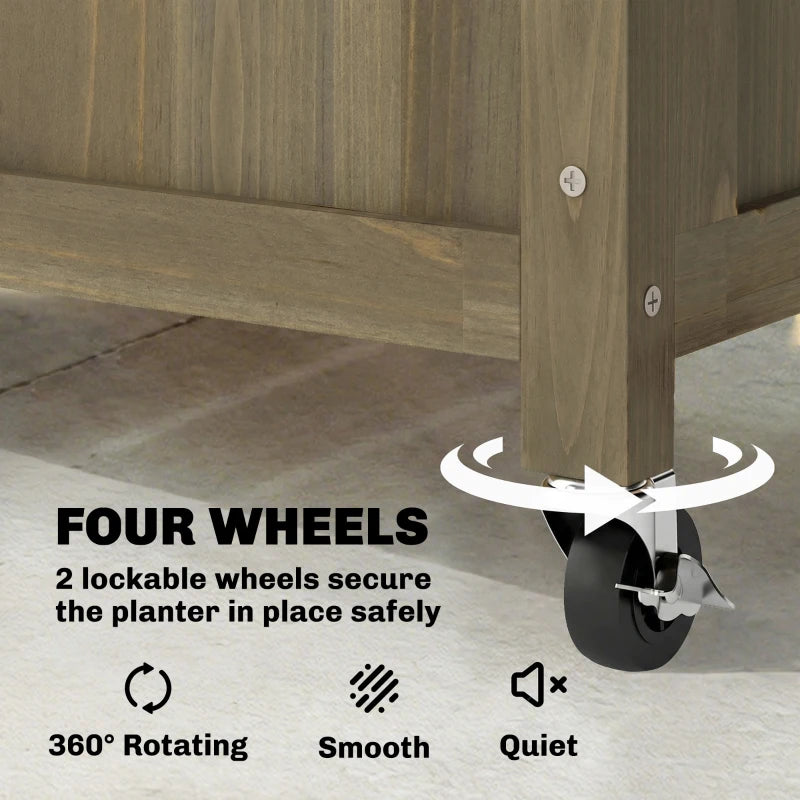 Corner of raised wooden planter showing four lockable caster wheels