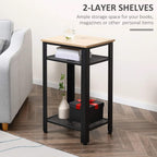Tall storage side table with oak top, black frame, and two wire-mesh shelves