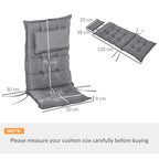 Dark grey high-back chair cushion set with pillow and labeled size dimensions, tied ties