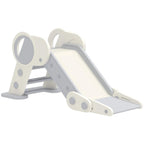 Foldable kids slide with grey side rails and beige slide ramp, circular handle openings
