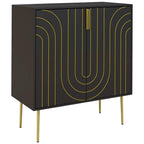 Black sideboard cabinet with gold-tone art deco curved line doors and vertical gold handles