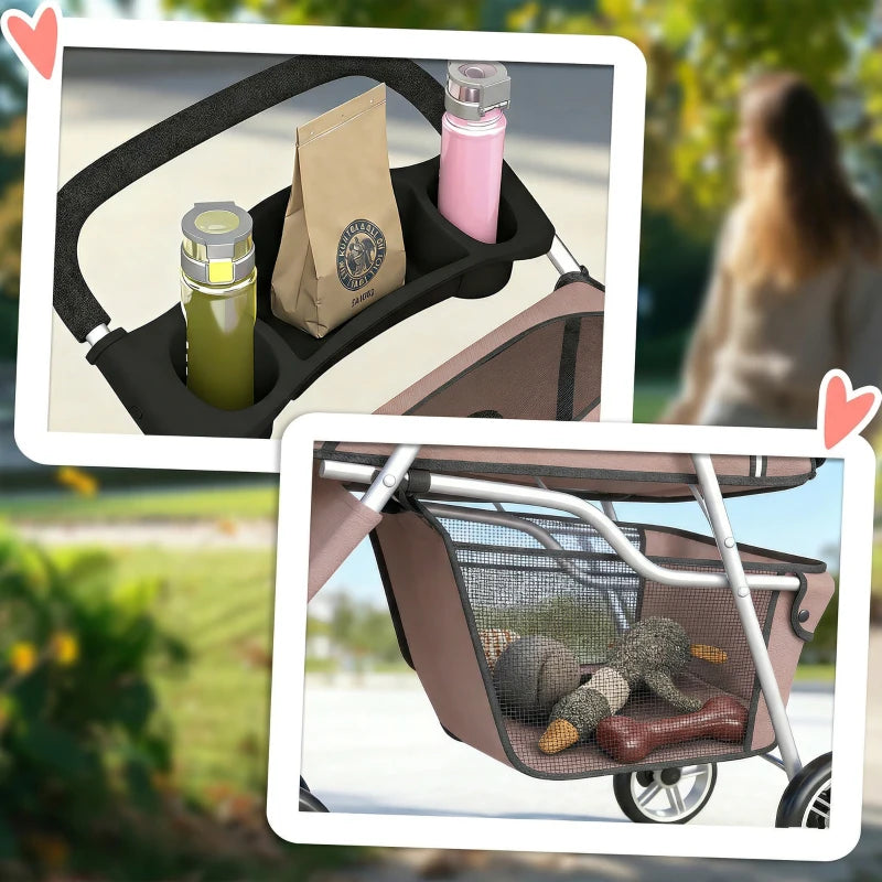Brown dog stroller with mesh basket storage and foldable frame