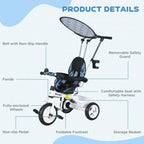 Kids tricycle details: safety guard, seat harness, enclosed wheels, storage basket