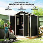 Black resin garden storage shed with reinforced aluminum, waterproof and UV-resistant