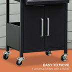 Black storage cabinet doors on grill cart with caster wheels and pull handles