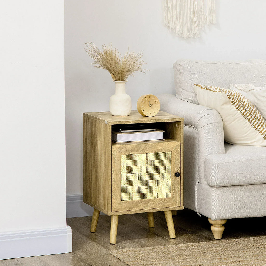 Bedside Table with Rattan Element, Side End Table with Shelf and Cupboard, 39cmx35cmx60cm, Natural - Bobobiy