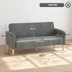 Grey upholstered sofa with wide seat, padded arms, and tapered light wood legs