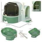 Green cat litter box design with dimensions, enclosed cover, and side access steps