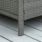 Light grey woven rattan chair corner and leg on outdoor deck boards