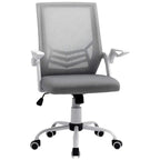 Grey mesh mid-back office chair with flip-up armrests, padded seat, swivel casters