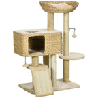 Beige cat tree tower with woven condo, three platforms, and dangling toy ball