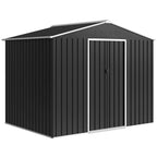 Dark grey galvanised steel shed with double door, gable roof and vertical panel walls