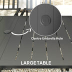 Black patio table with center umbrella hole and surrounding slatted chair seating