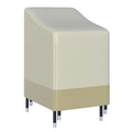 Two-tone outdoor chair cover in light beige and tan, with a fitted shape for a high-back chair.