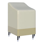 Two-tone outdoor chair cover in light beige and tan, with a fitted shape for a high-back chair.
