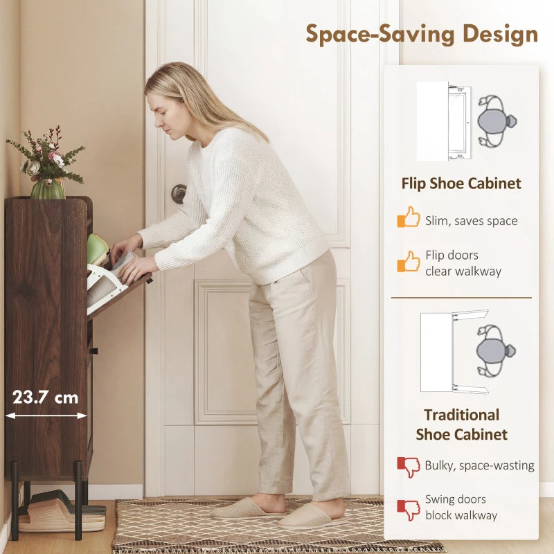 Space-saving flip shoe cabinet, dark brown with two woven doors, opened for use