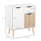 White floor cabinet sideboard with drawer and two cabinet doors, wood-front panel, tapered legs.