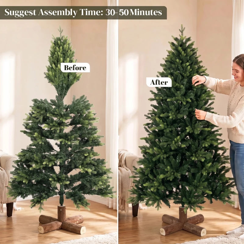 Green artificial Christmas tree showing before-and-after hinged assembly