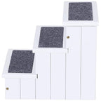 White 3-step pet stairs with dark carpet treads and brass-style door hardware