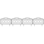Set of black metal picket fence panels with curved top and decorative scroll accents