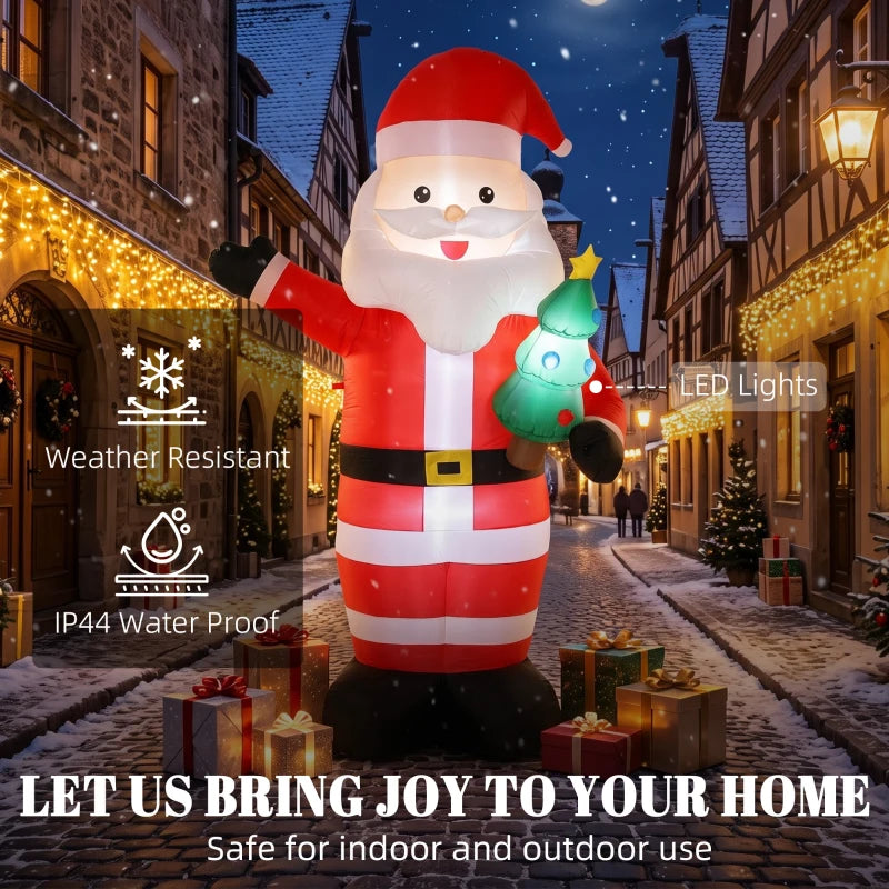 Inflatable red-and-white Santa with glowing green tree LED light outdoors