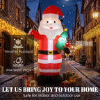 Inflatable red-and-white Santa with glowing green tree LED light outdoors