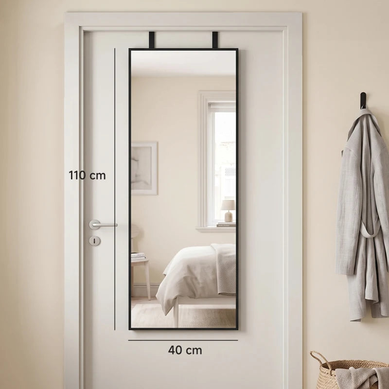 Black rectangular full-length mirror, wall mounted with hooks on top