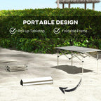 Khaki roll-up portable table with foldable legs; detached tabletop panel shown