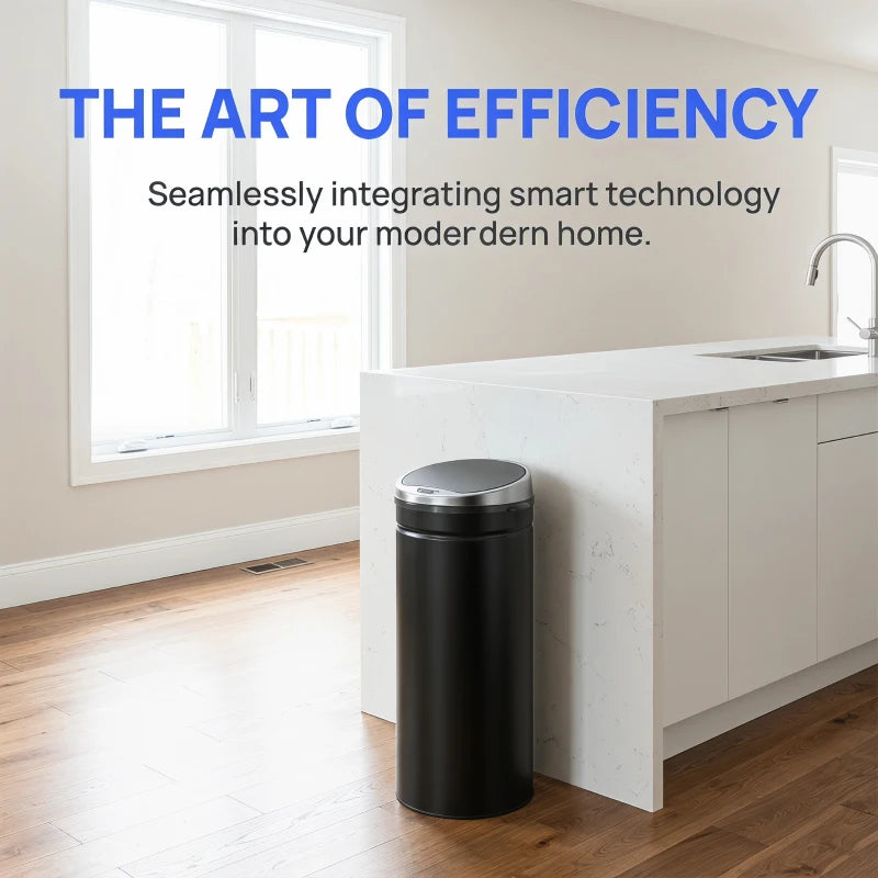 Black round motion sensor trash bin with closed lid