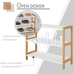 Natural wood shoe rack with open slatted tiers for easy access and air circulation