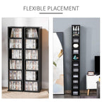 Two black media display shelf units shown in different placement angles