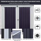 Black two-bin corrugated steel storage shelter with double doors and ventilated frame