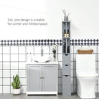 Grey corner bathroom cabinet with open shelves and two drawers, tall slim frame.