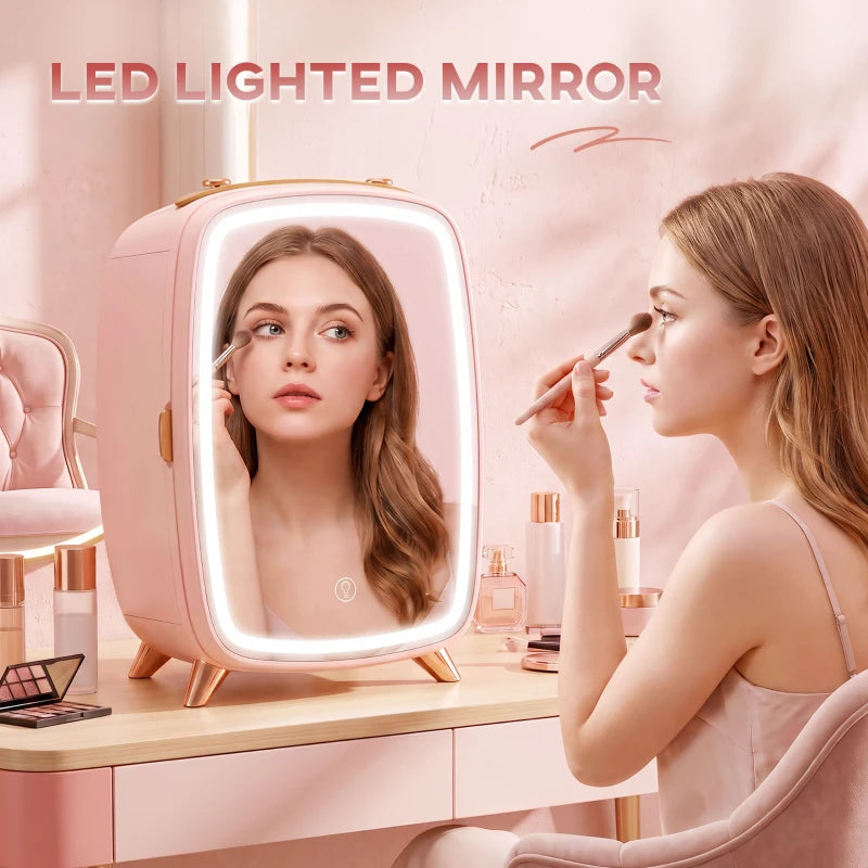 Pink mini skincare refrigerator with LED lighted mirror for applying makeup