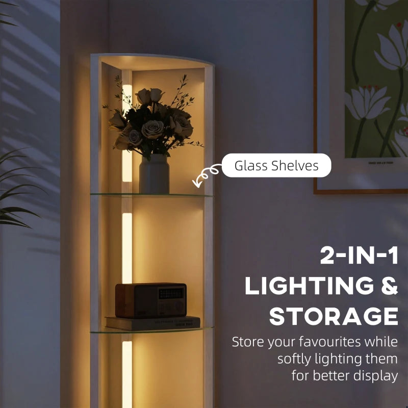White LED floor lamp with glass shelves, warm light display in a home setting