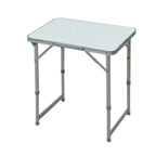 Silver foldable picnic table with rounded tabletop and four folding metal legs