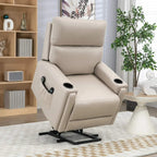 Beige electric recliner chair with headrest, wide seat, and armrest control pads