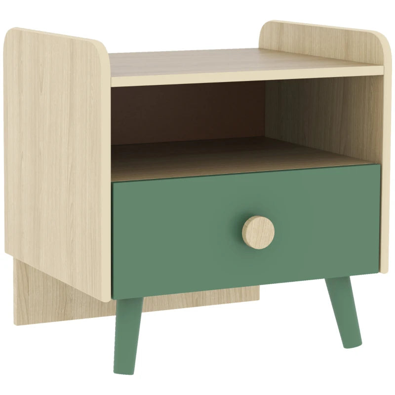 Kids wooden bedside table with green drawer and open storage shelf, round knob
