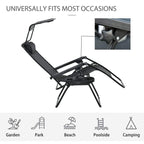 Black reclining zero gravity sun lounger with adjustable leg rests and canopy
