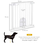 White pet safety gate with arched cat door, shown with overall size measurements