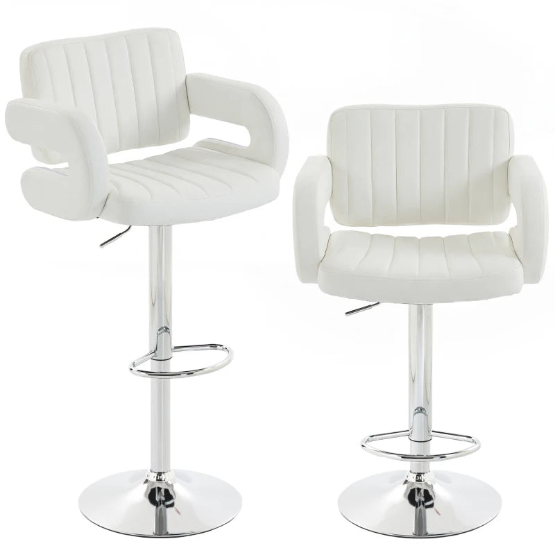 White PU leather bar stools set of 2, with backrest, armrests, swivel, chrome base
